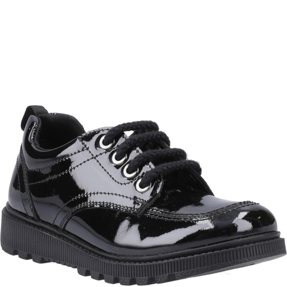 Girls BTS FLFR Patent Black Hush Puppies Keeley Lace Up Patent Snr