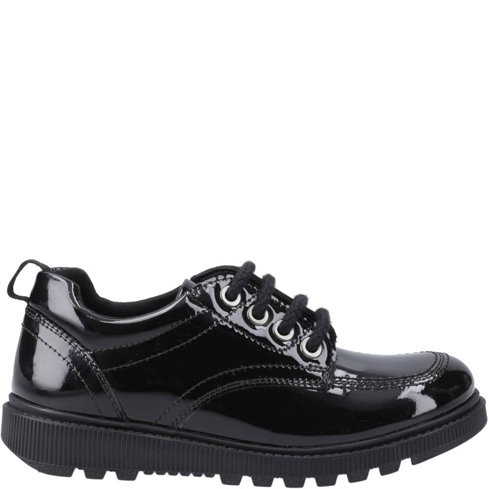 Girls BTS FLFR Patent Black Hush Puppies Keeley Lace Up Patent Snr