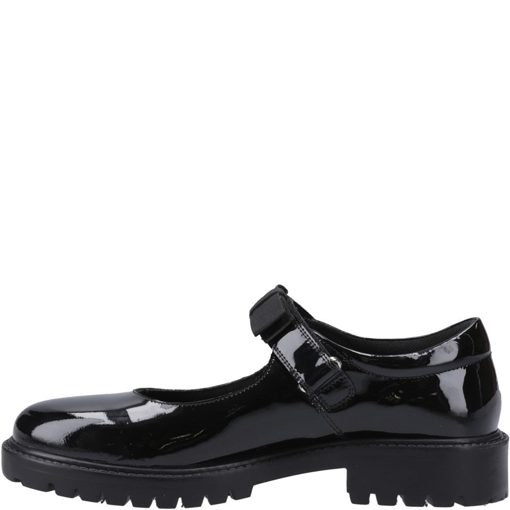 Girls BTS Patent Black Hush Puppies Astrid Bow Patent Snr