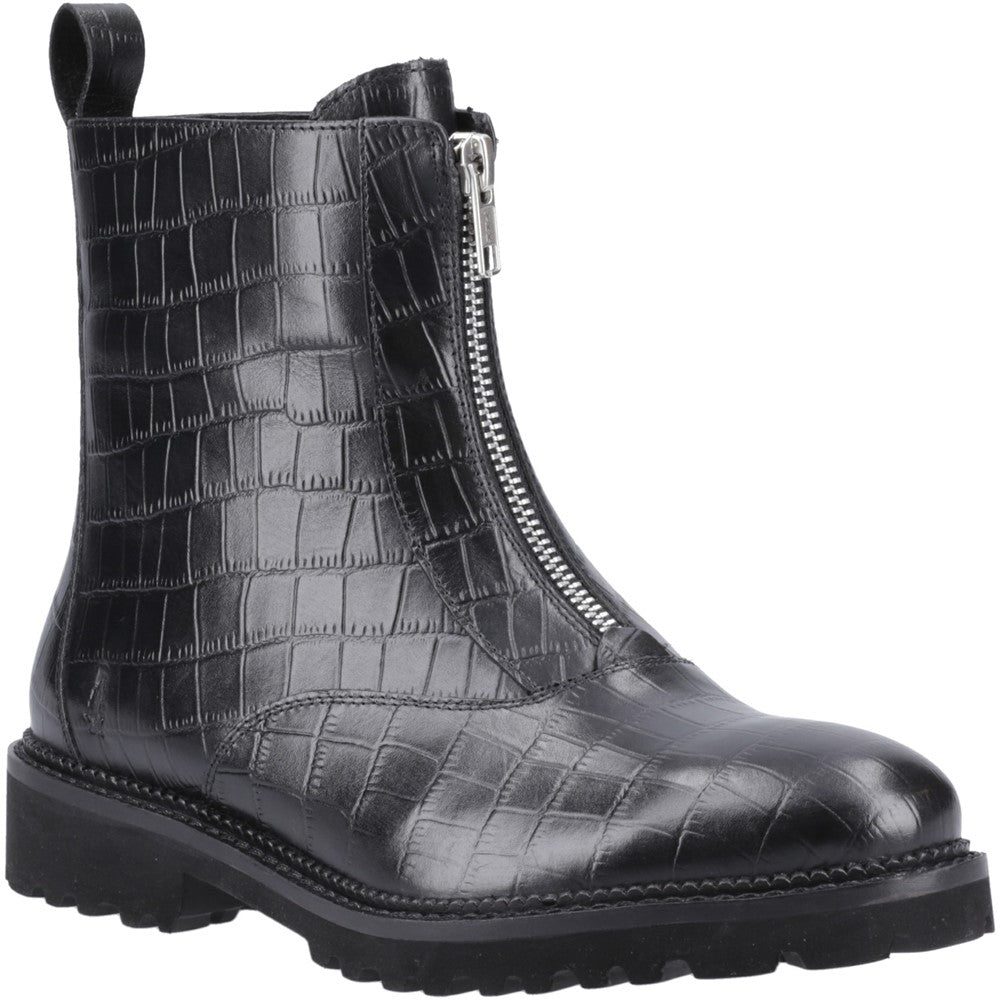 Ladies Ankle Boots Black Croc Hush Puppies Gena Front Zip Boot