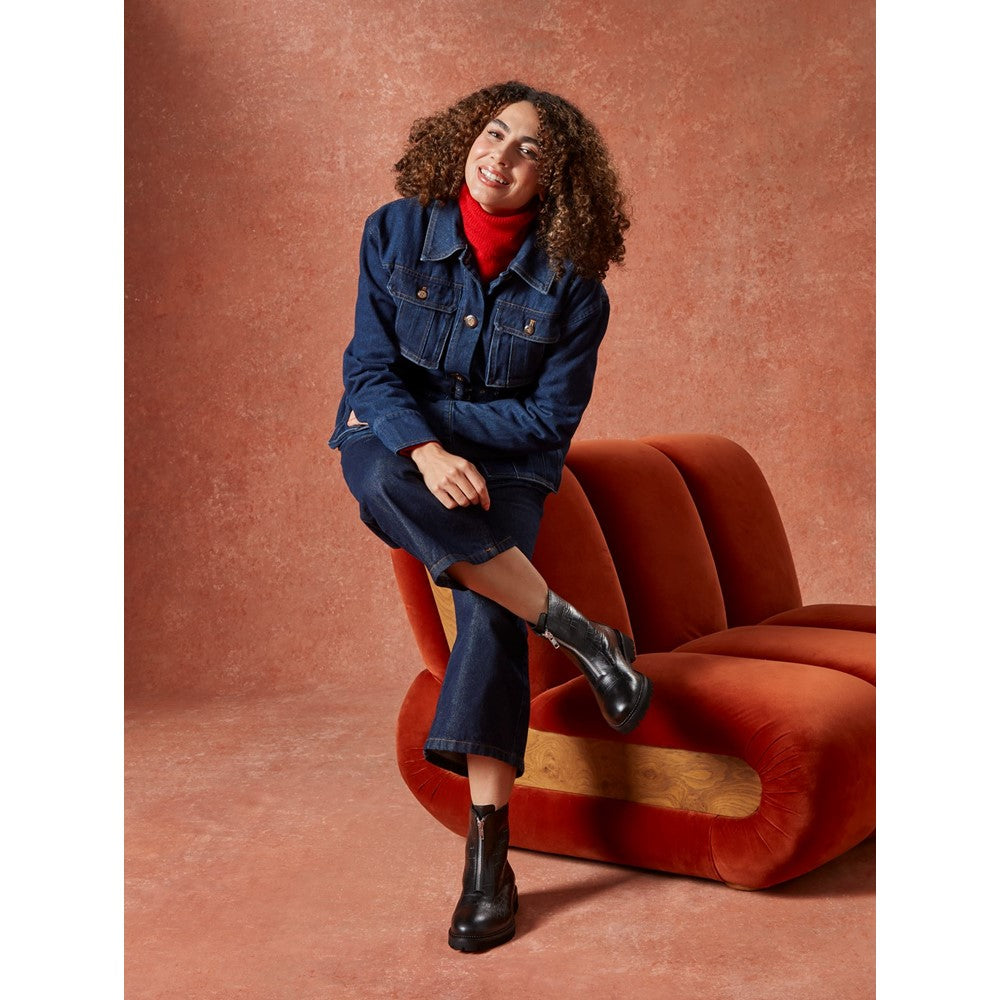 Ladies Ankle Boots Black Croc Hush Puppies Gena Front Zip Boot