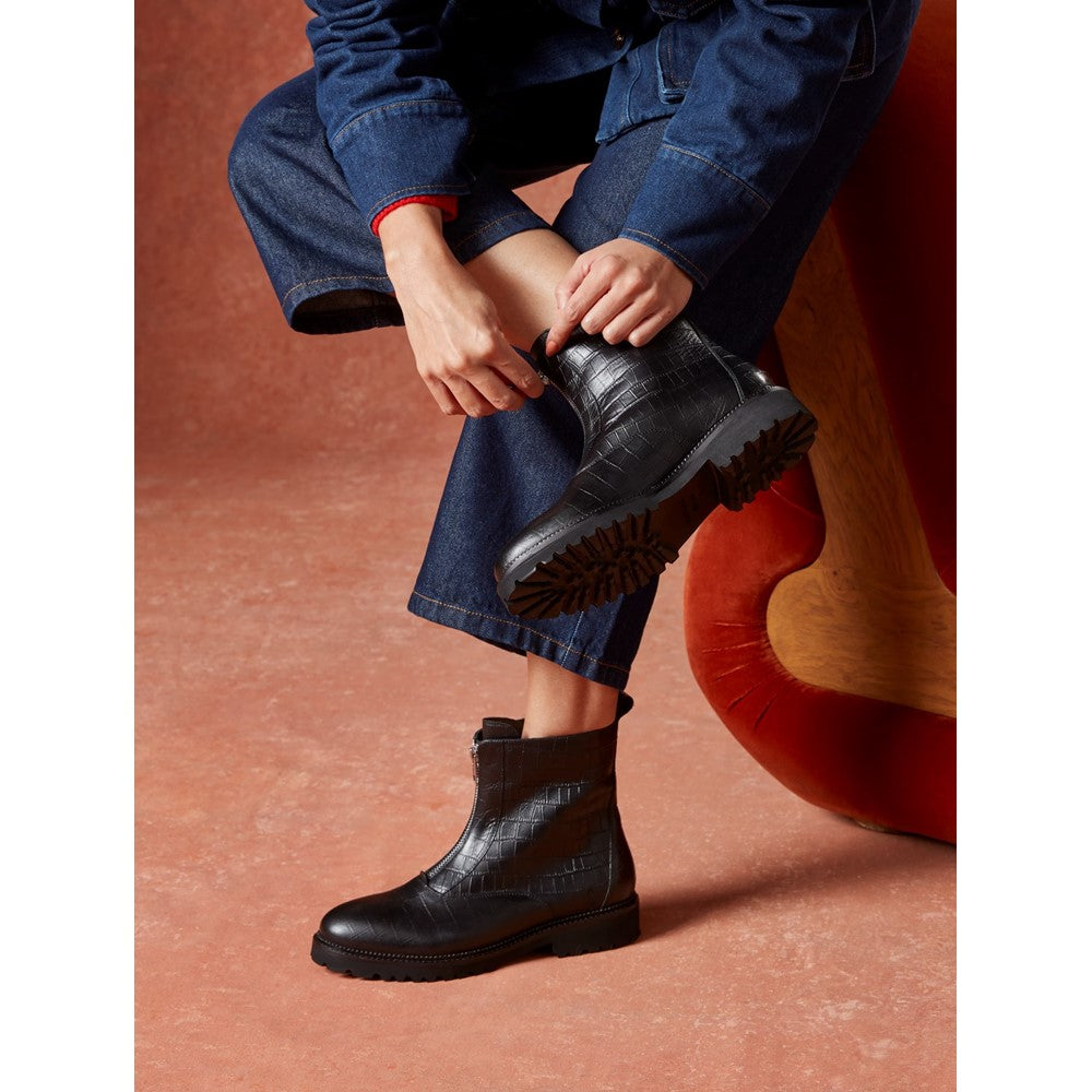 Ladies Ankle Boots Black Croc Hush Puppies Gena Front Zip Boot