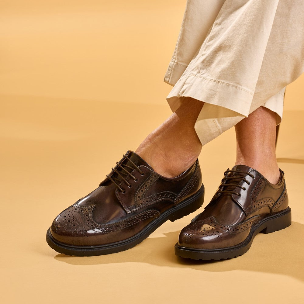 Lace Ladies Shoes Chocolate Hush Puppies Verity Hi-Shine Brogue