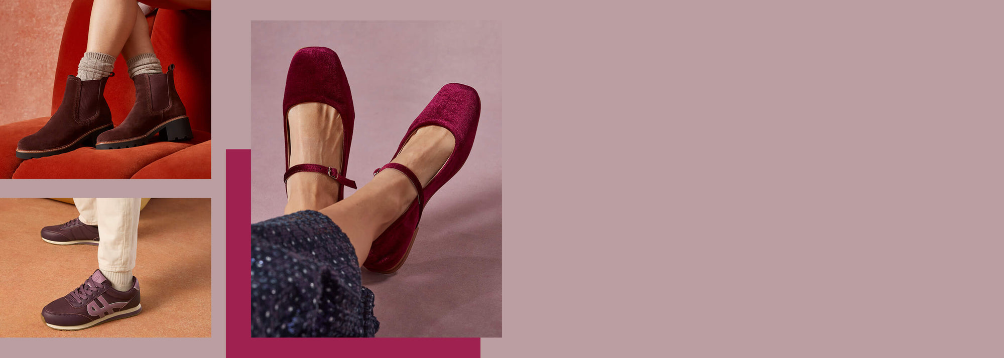 A range of Hush Puppies footwear in Plum colourway