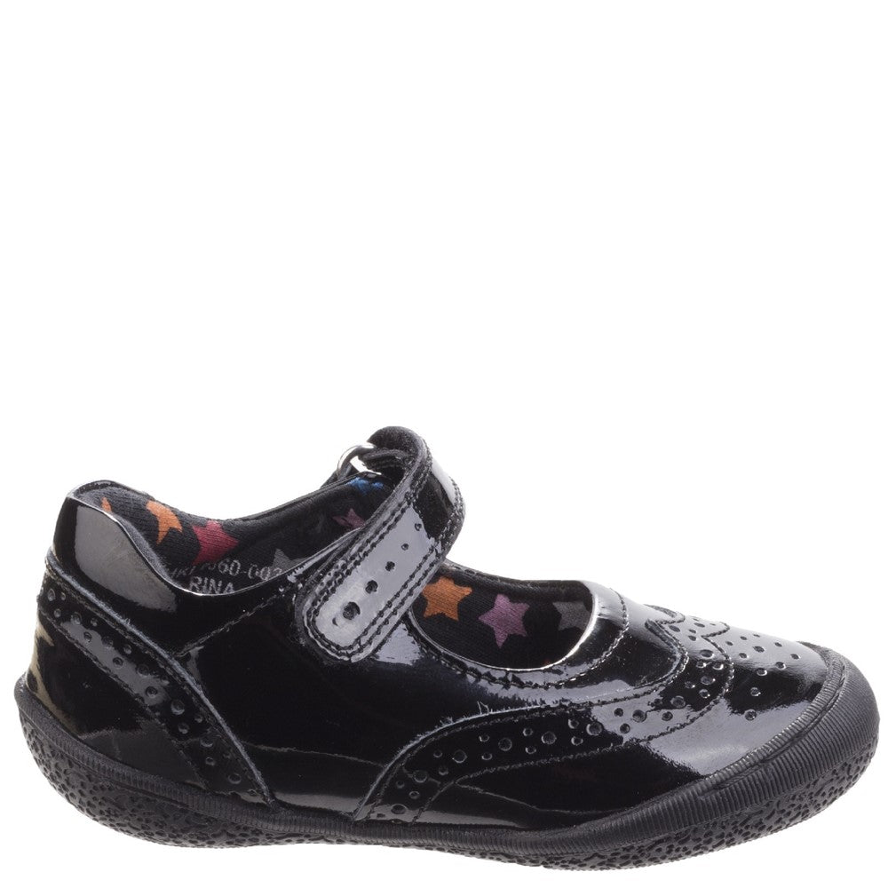 Girls BTS FLFR Black Patent Hush Puppies Rina Junior Patent School Shoe